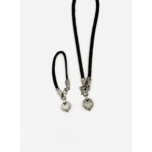 Judith Ripka Silver diamonique heart charm black leather necklace and bracelet
